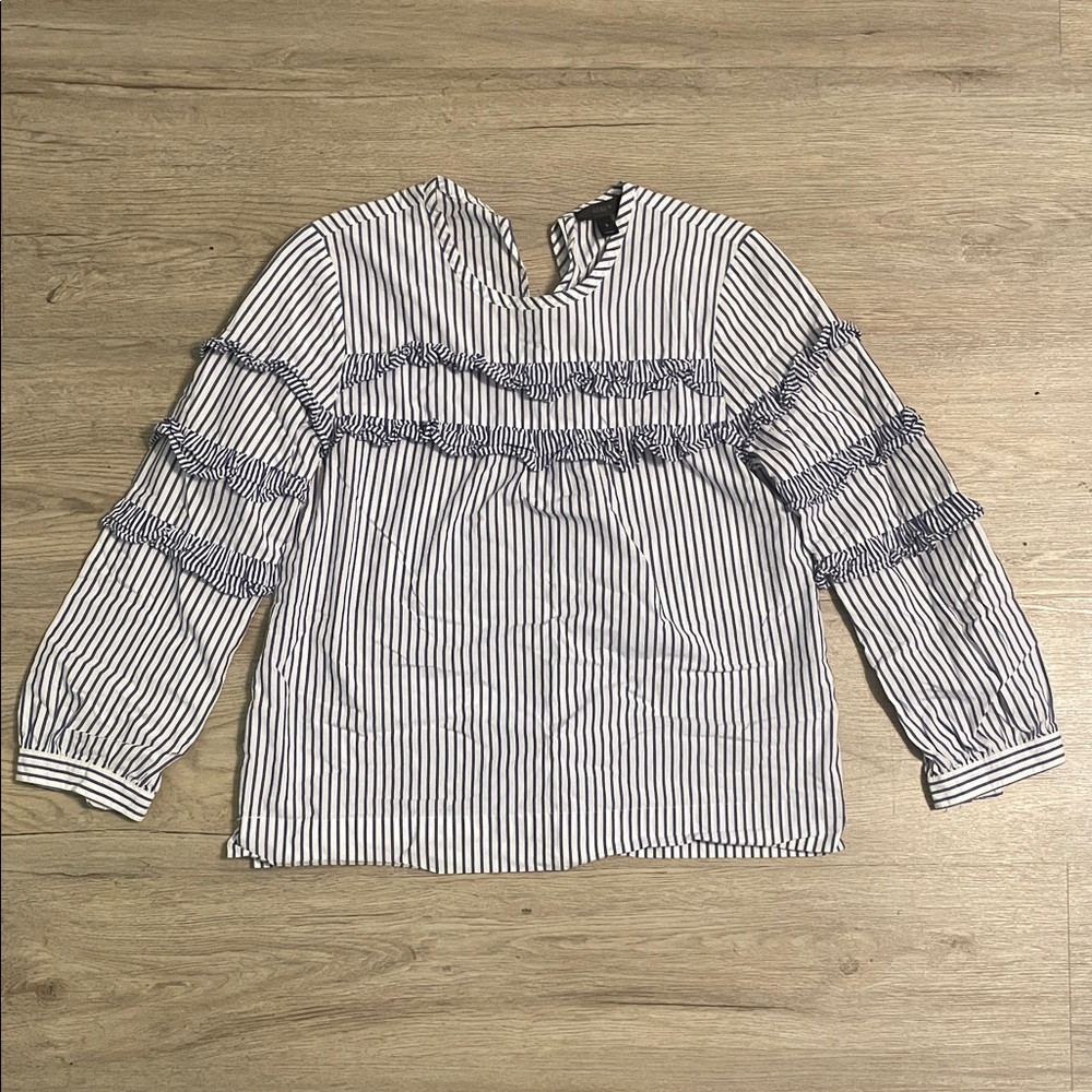 J. Crew Navy and White Striped Ruffle Blouse